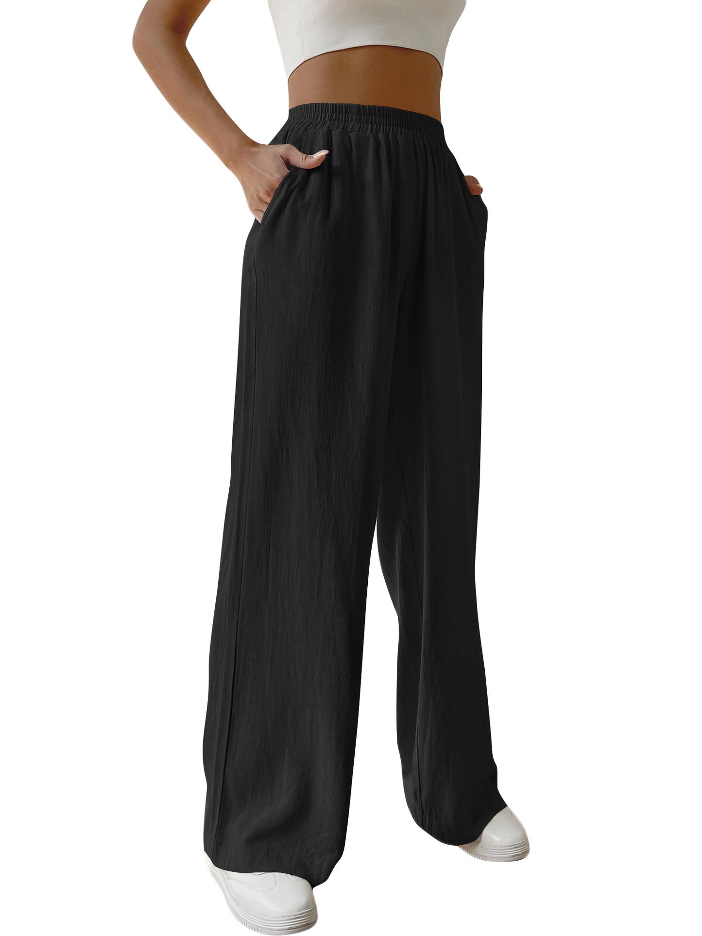 SWQZVT Womens Wide Leg Linen Pants With Pockets High Waist Loose Trousers Business Work Casual Slacks Palazzo Lightweight Pants