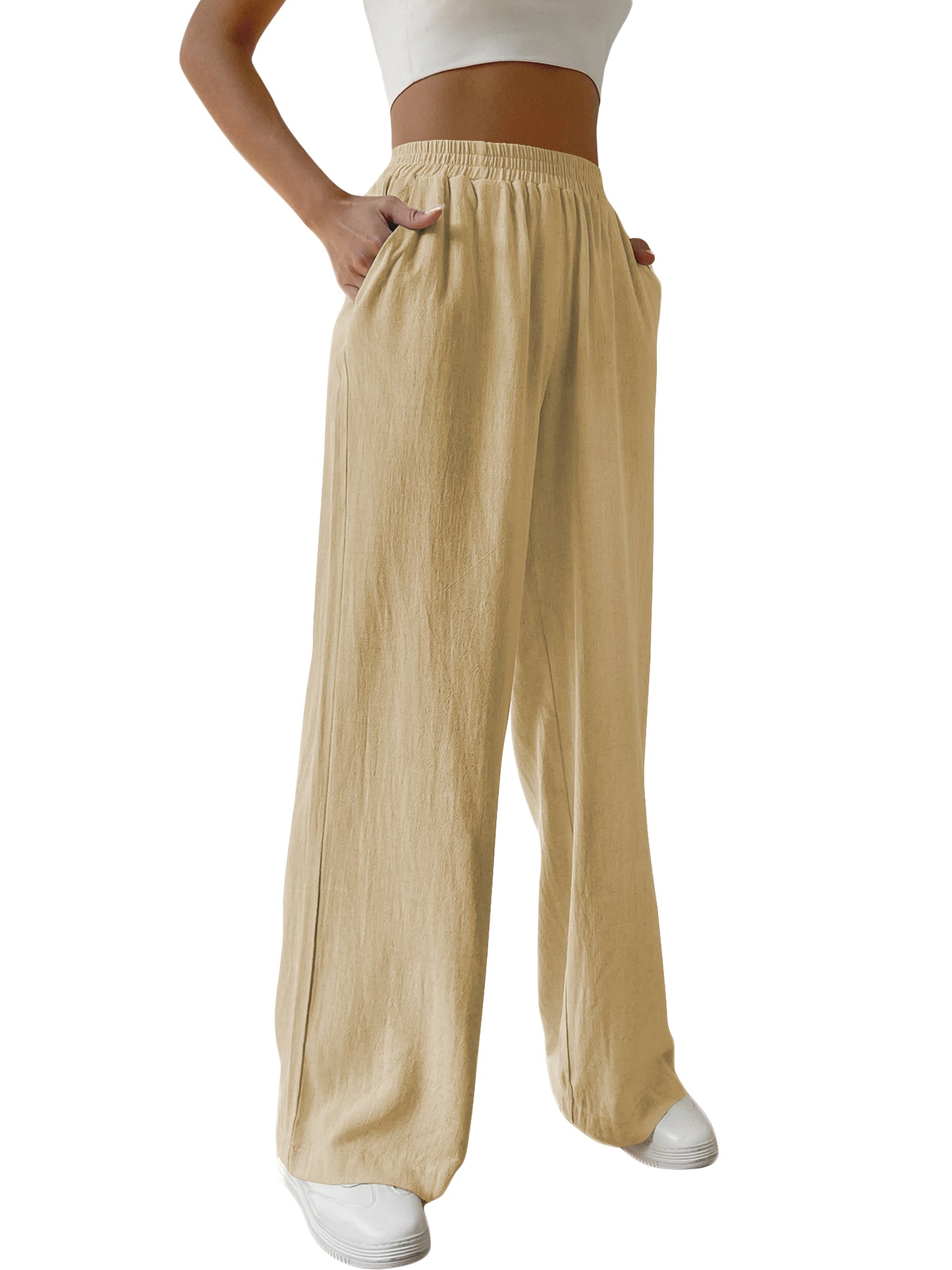 SWQZVT Womens Wide Leg Linen Pants With Pockets High Waist Loose Trousers Business Work Casual Slacks Palazzo Lightweight Pants