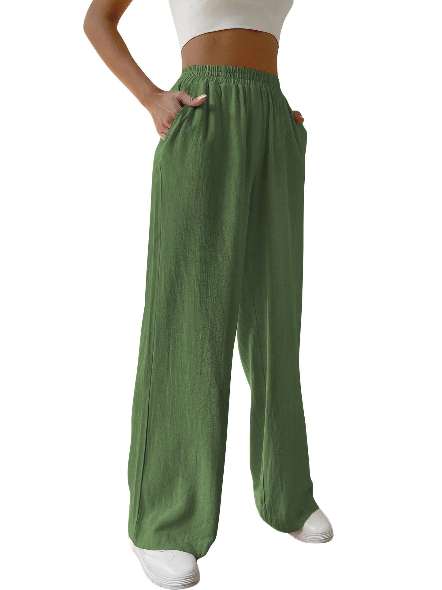 SWQZVT Womens Wide Leg Linen Pants With Pockets High Waist Loose Trousers Business Work Casual Slacks Palazzo Lightweight Pants