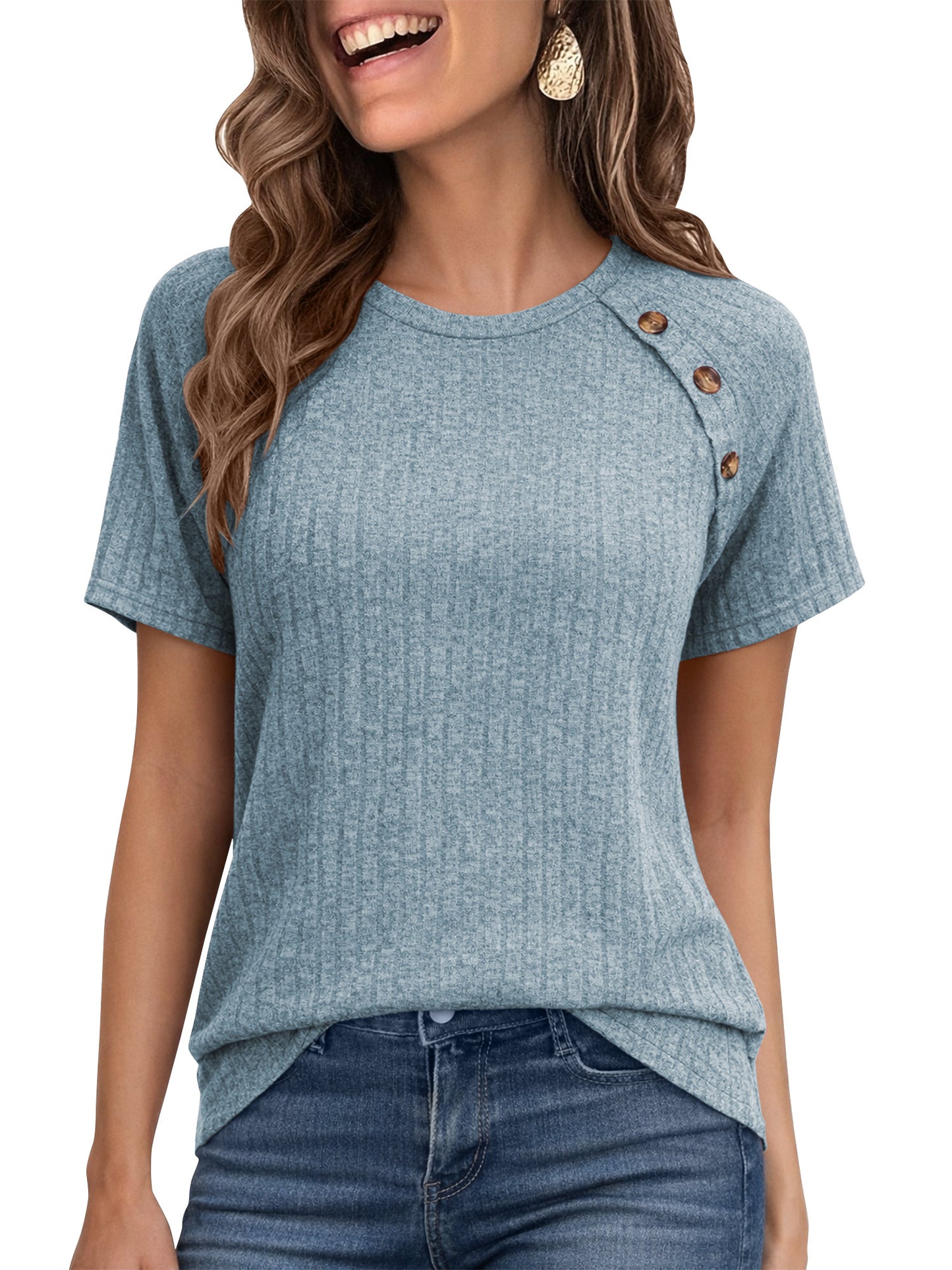 SWQZVT Womens Tops Summer Crewneck Short Sleeve Shirts Casual Loose Fit Textured Tops Solid Color Button Tshirts