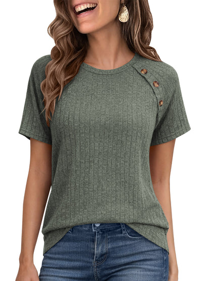 SWQZVT Womens Tops Summer Crewneck Short Sleeve Shirts Casual Loose Fit Textured Tops Solid Color Button Tshirts