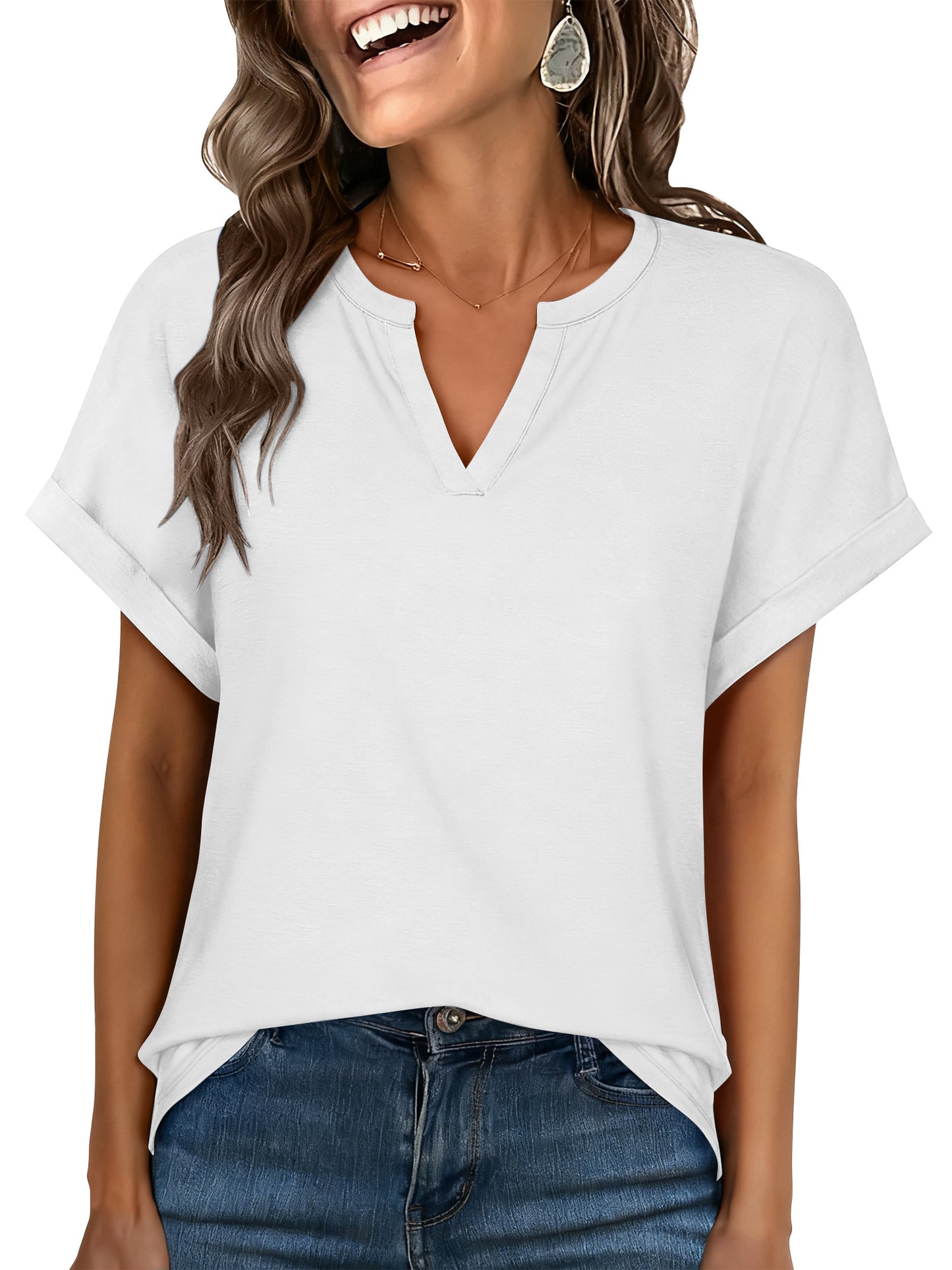 SWQZVT Womens Tops T Shirts for Summer Clothes Short Sleeve Ladies V Neck Blouses Tee Solid Clothing Pullover