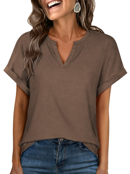 SWQZVT Womens Tops T Shirts for Summer Clothes Short Sleeve Ladies V Neck Blouses Tee Solid Clothing Pullover