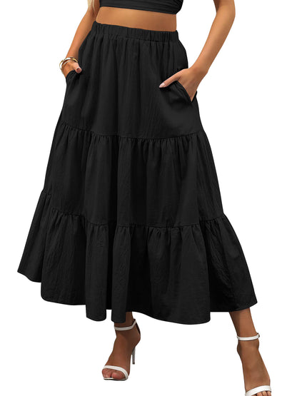 TEMOFON Midi Pleated Skirts for Women Elastic High Waist Maxi Skirt with Pockets Flowy Dresses A Line Summer Linen Clothes