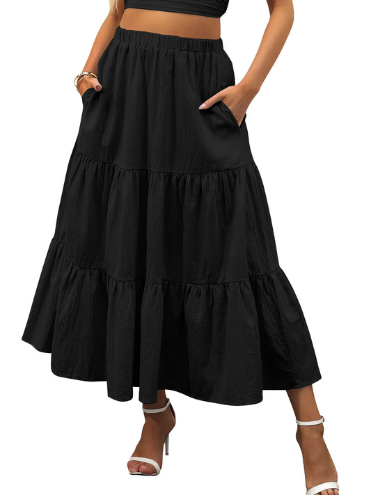 TEMOFON Midi Pleated Skirts for Women Elastic High Waist Maxi Skirt with Pockets Flowy Dresses A Line Summer Linen Clothes