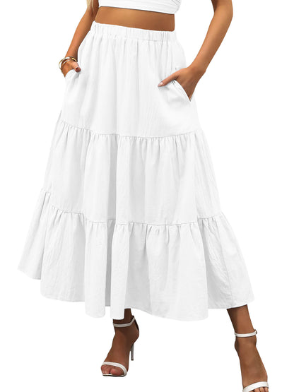 TEMOFON Midi Pleated Skirts for Women Elastic High Waist Maxi Skirt with Pockets Flowy Dresses A Line Summer Linen Clothes