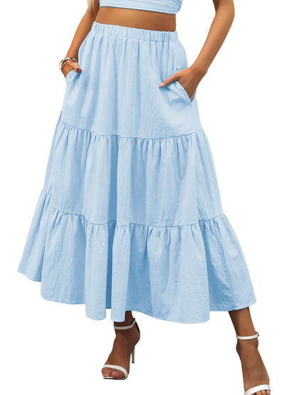TEMOFON Midi Pleated Skirts for Women Elastic High Waist Maxi Skirt with Pockets Flowy Dresses A Line Summer Linen Clothes
