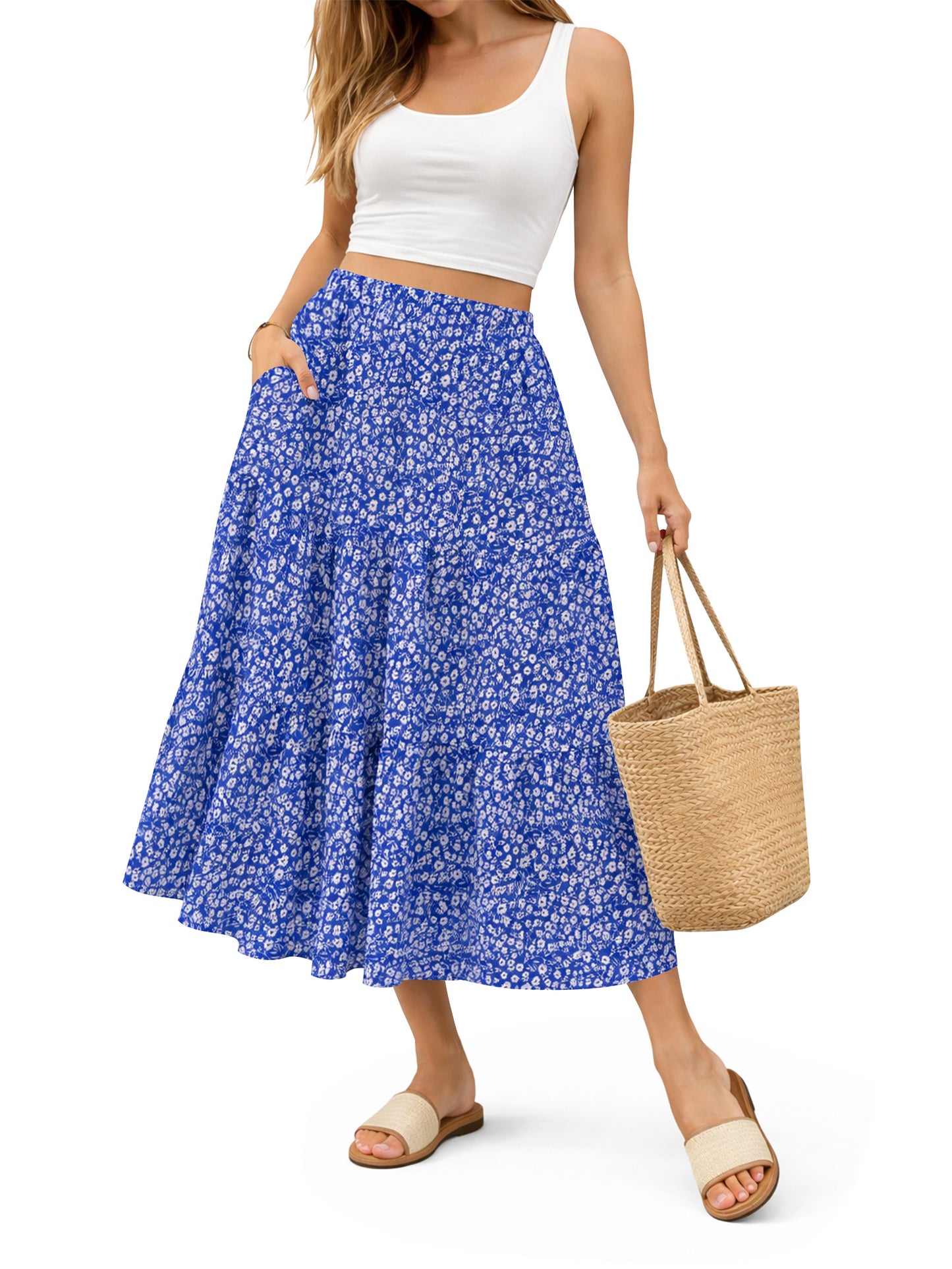 TEMOFON Midi Pleated Skirts for Women Elastic High Waist Maxi Skirt with Pockets Flowy Dresses A Line Summer Linen Clothes