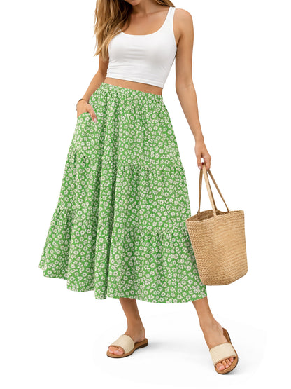 TEMOFON Midi Pleated Skirts for Women Elastic High Waist Maxi Skirt with Pockets Flowy Dresses A Line Summer Linen Clothes