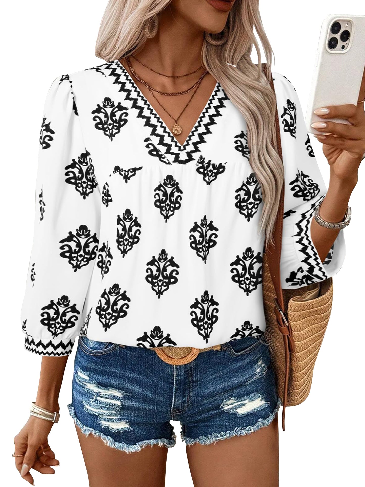 TEMOFON Womens Blouses Summer V Neck 3/4 Sleeve Top for Women Floral Print Boho Womens Tops Dressy Casual Blouses