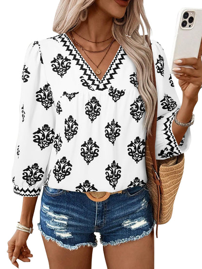 TEMOFON Womens Blouses Summer V Neck 3/4 Sleeve Top for Women Floral Print Boho Womens Tops Dressy Casual Blouses
