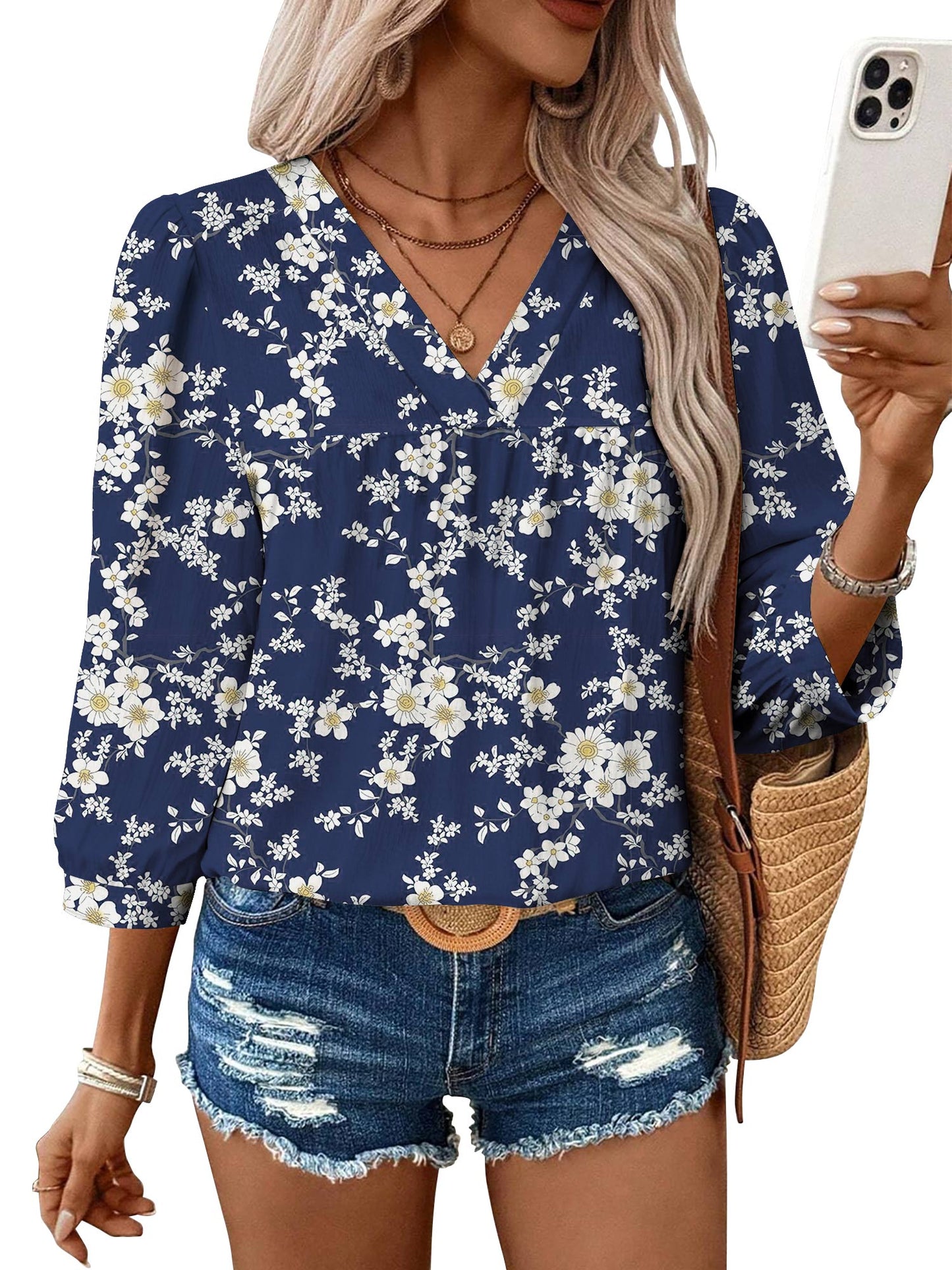 TEMOFON Womens Blouses Summer V Neck 3/4 Sleeve Top for Women Floral Print Boho Womens Tops Dressy Casual Blouses