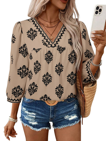 TEMOFON Womens Blouses Summer V Neck 3/4 Sleeve Top for Women Floral Print Boho Womens Tops Dressy Casual Blouses