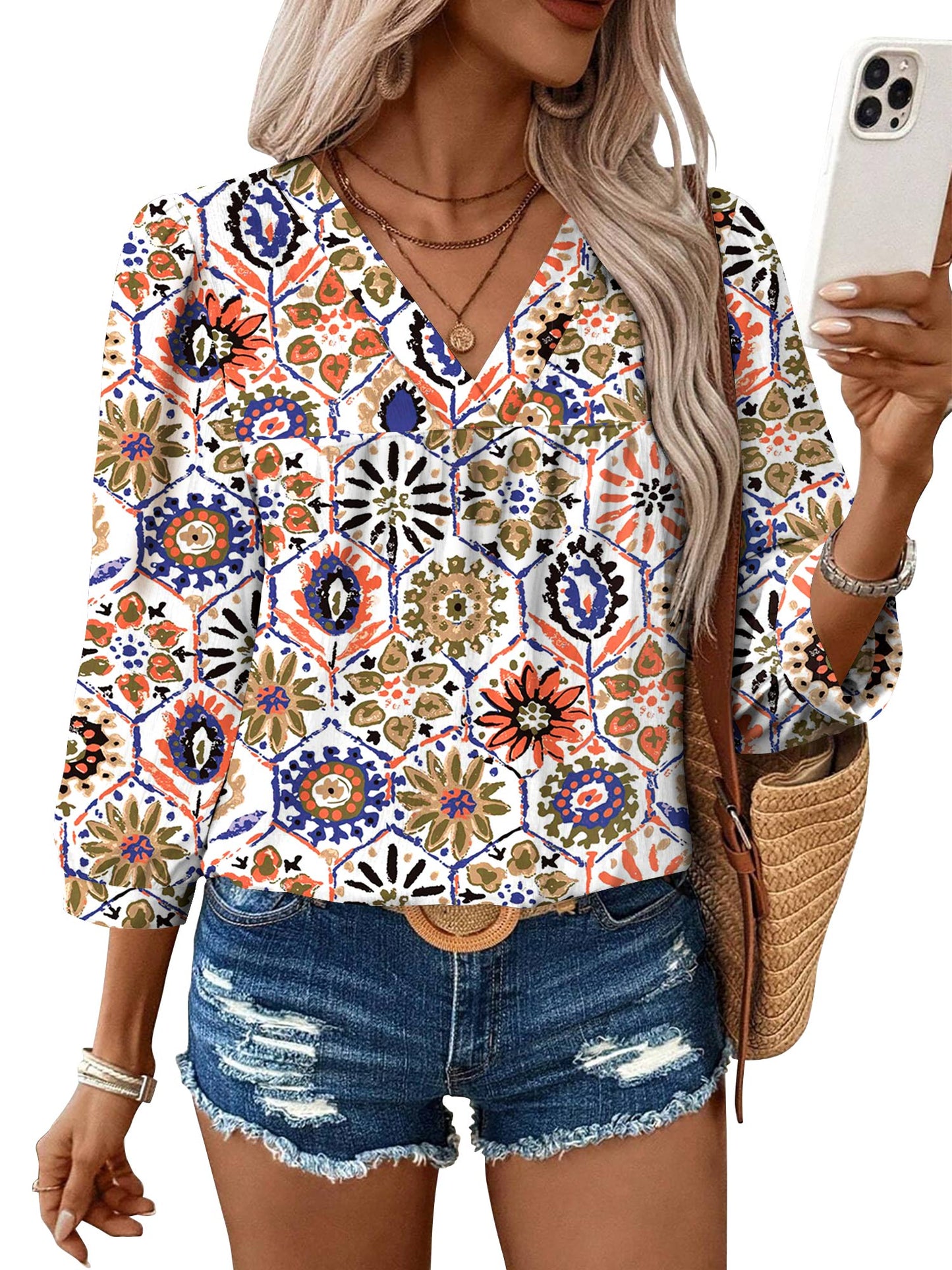 TEMOFON Womens Blouses Summer V Neck 3/4 Sleeve Top for Women Floral Print Boho Womens Tops Dressy Casual Blouses