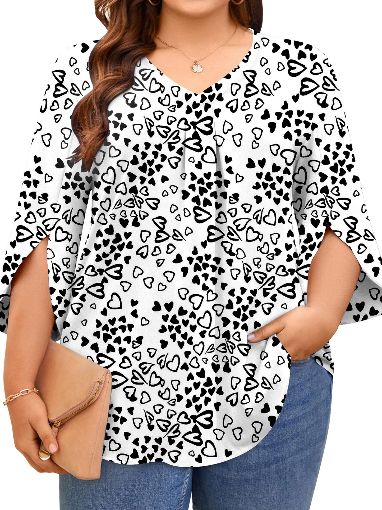 TEMOFON Womens Plus Size Tops Summer V Neck 3/4 Sleeve Blouses Casual Loose Tunic Tops Flowy Business Dressy Blouses