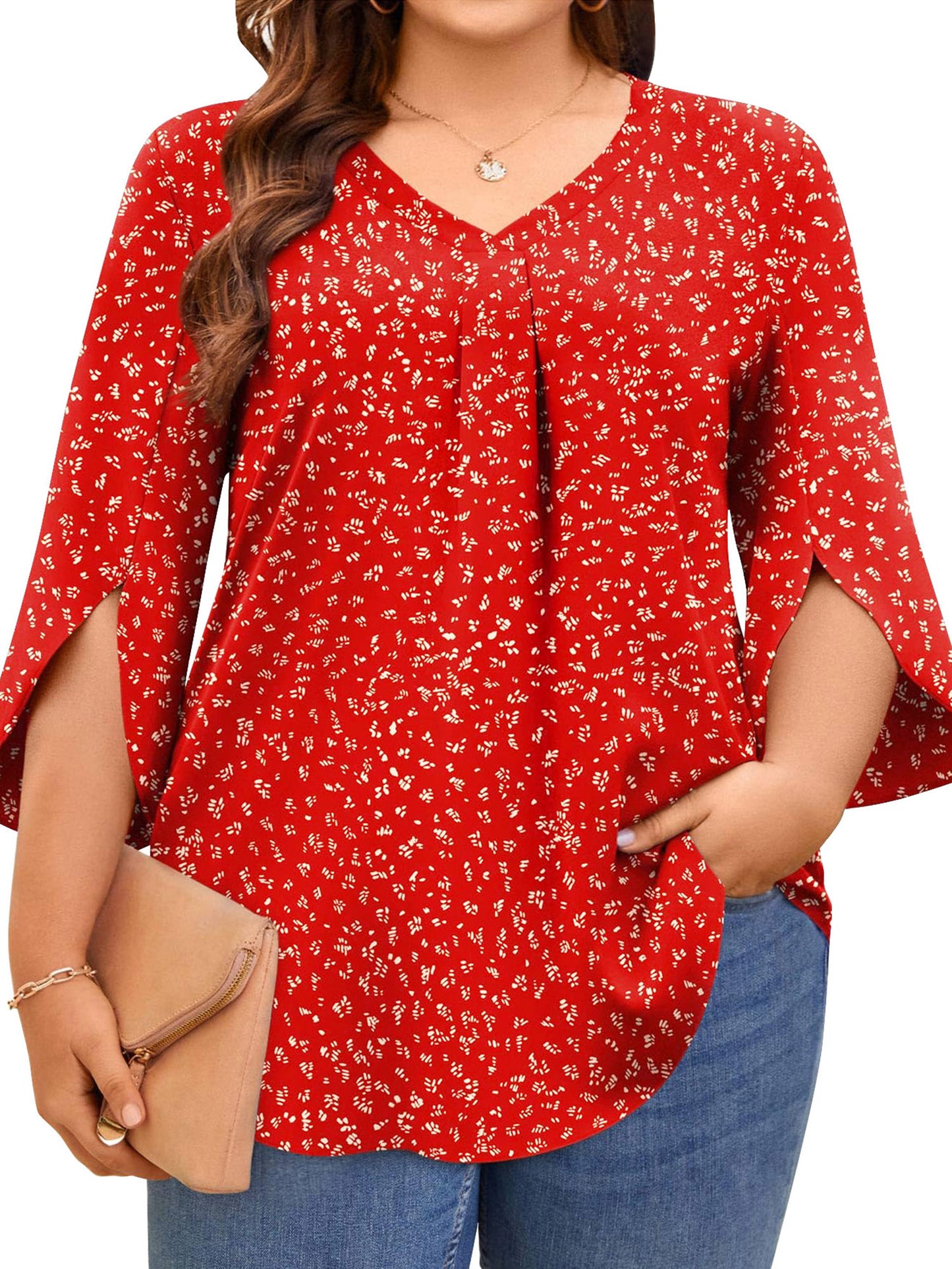 TEMOFON Womens Plus Size Tops Summer V Neck 3/4 Sleeve Blouses Casual Loose Tunic Tops Flowy Business Dressy Blouses