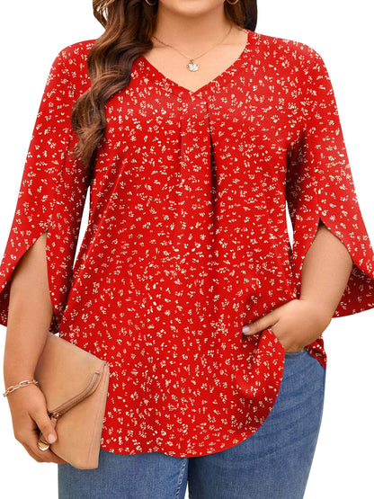 TEMOFON Womens Plus Size Tops Summer V Neck 3/4 Sleeve Blouses Casual Loose Tunic Tops Flowy Business Dressy Blouses