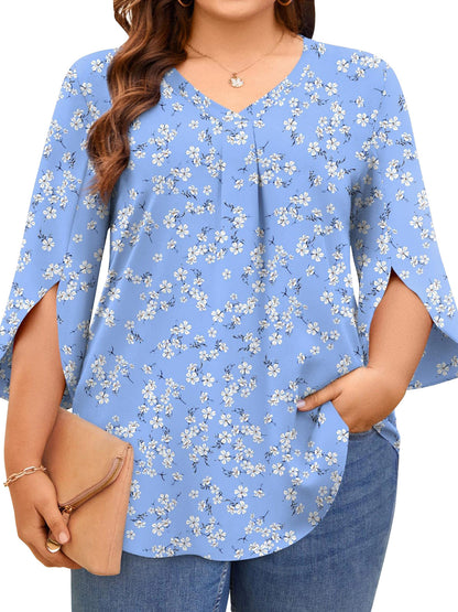 TEMOFON Womens Plus Size Tops Summer V Neck 3/4 Sleeve Blouses Casual Loose Tunic Tops Flowy Business Dressy Blouses