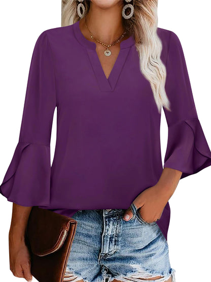TEMOFON Blouses for Women Shirts 3/4 Sleeve V Neck Cotton Summer Tops Dressy Clothes Purple Ruffle Short Sleeve Casual