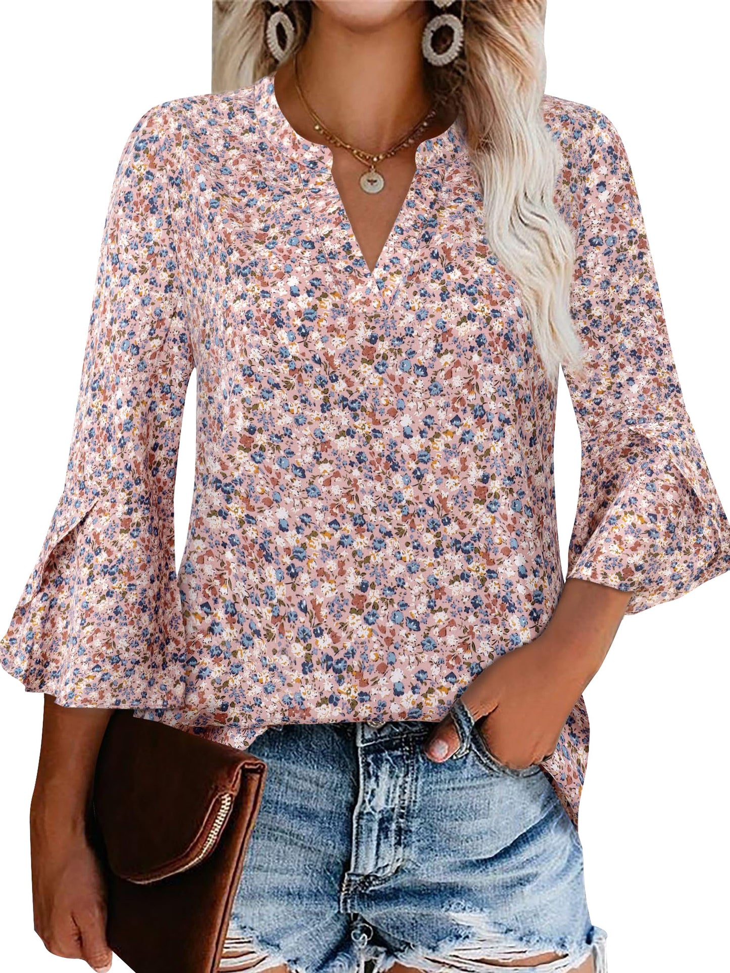 TEMOFON Blouses for Women Shirts 3/4 Sleeve V Neck Cotton Summer Tops Dressy Clothes Purple Ruffle Short Sleeve Casual
