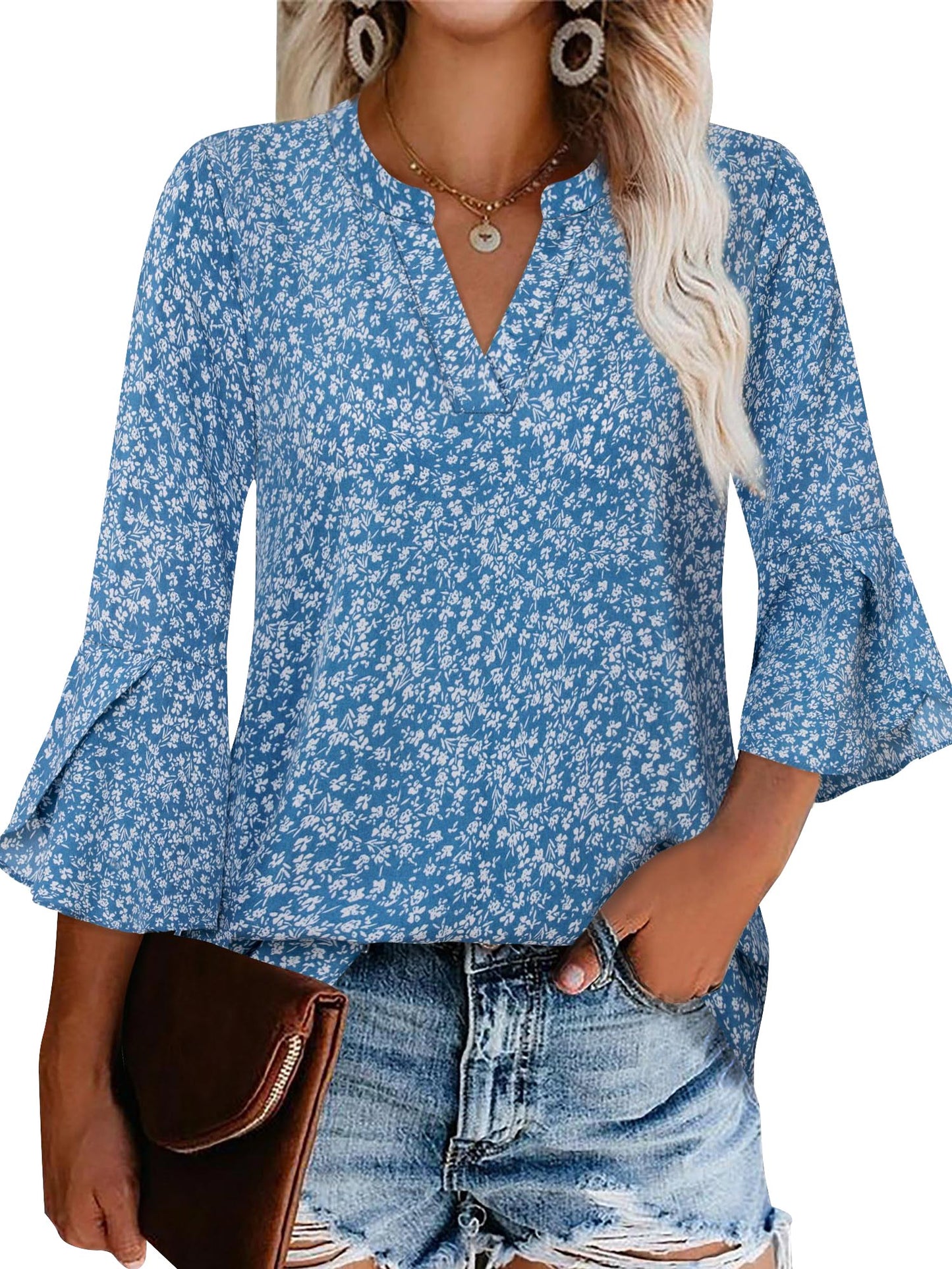 TEMOFON Blouses for Women Shirts 3/4 Sleeve V Neck Cotton Summer Tops Dressy Clothes Purple Ruffle Short Sleeve Casual