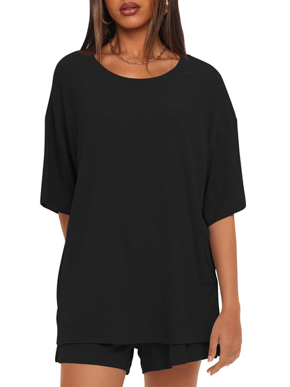 TEMOFON Womens Lounge Sets Summer Crewneck Short Sleeve Oversized Tshirts Loose Drawstring Shorts Comfy 2 Piece Sets