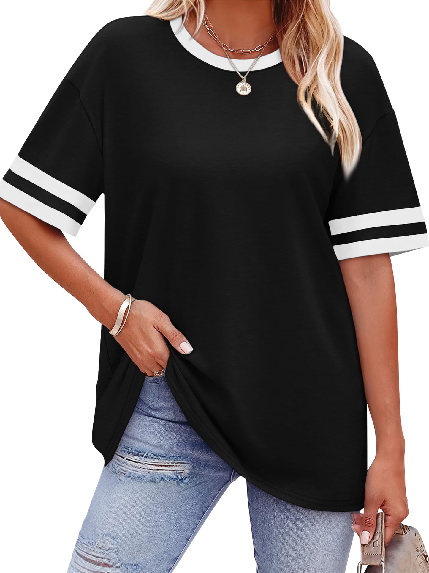 TEMOFON Shirts for Women Summer Crew Neck Color Block Short Sleeve T Shirts Casual Comfort Basic Womens Tees