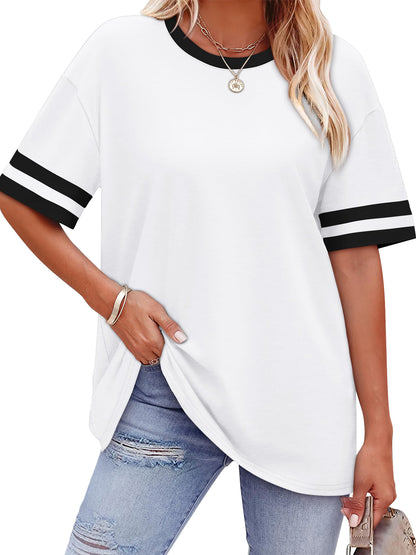 TEMOFON Shirts for Women Summer Crew Neck Color Block Short Sleeve T Shirts Casual Comfort Basic Womens Tees