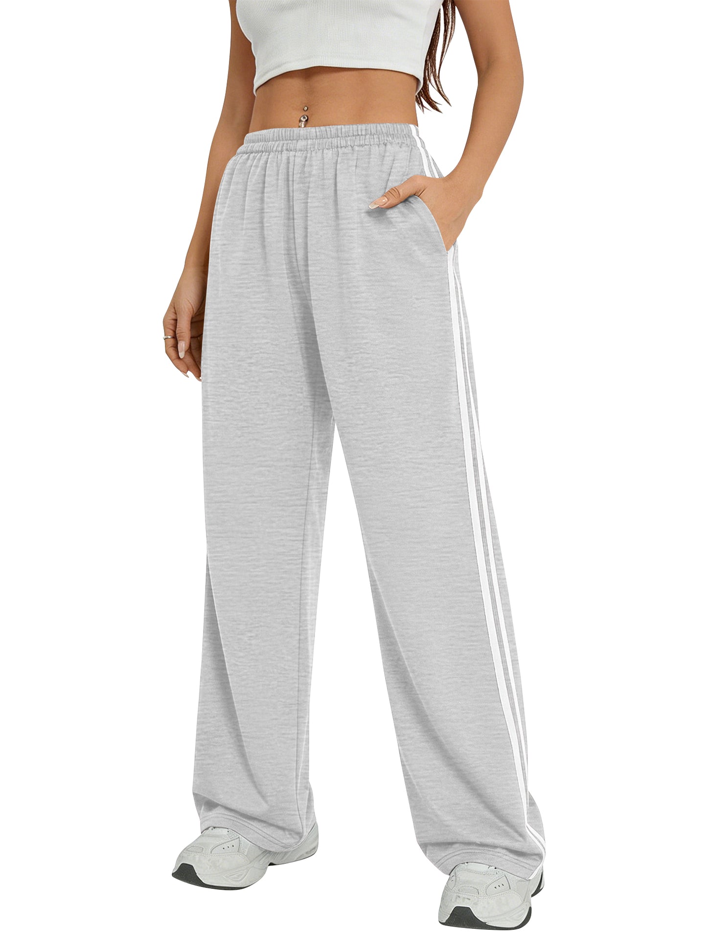 TEMOFON Sweatpants for Women Summer Wide Leg Pants with Pockets Elastic Waistband Comfy Pants Lightweigt Jogging Pants Light Grey M