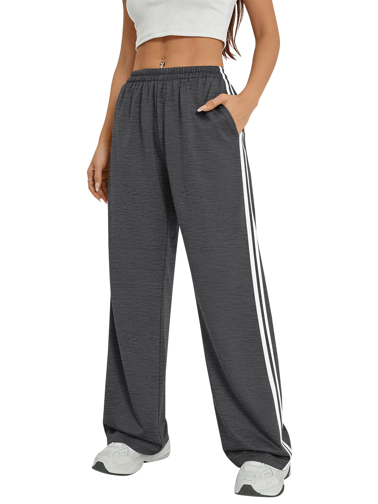 TEMOFON Sweatpants for Women Summer Wide Leg Pants with Pockets Elastic Waistband Comfy Pants Lightweigt Jogging Pants Light Grey M