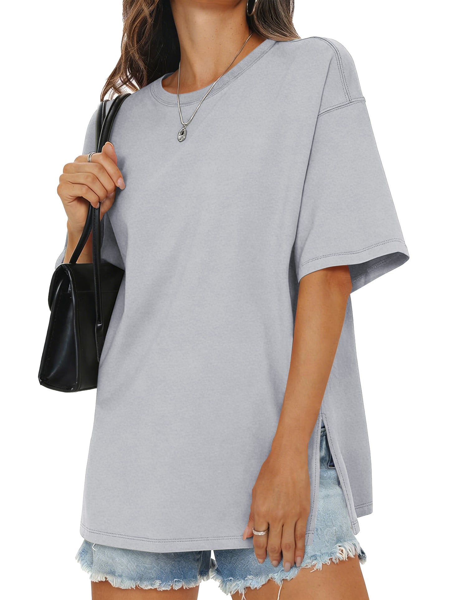 SWQZVT Womens Oversized T Shirts Cotton Loose Fit Crewneck Short Sleeve Side Slit Summer Casual Basic Tee