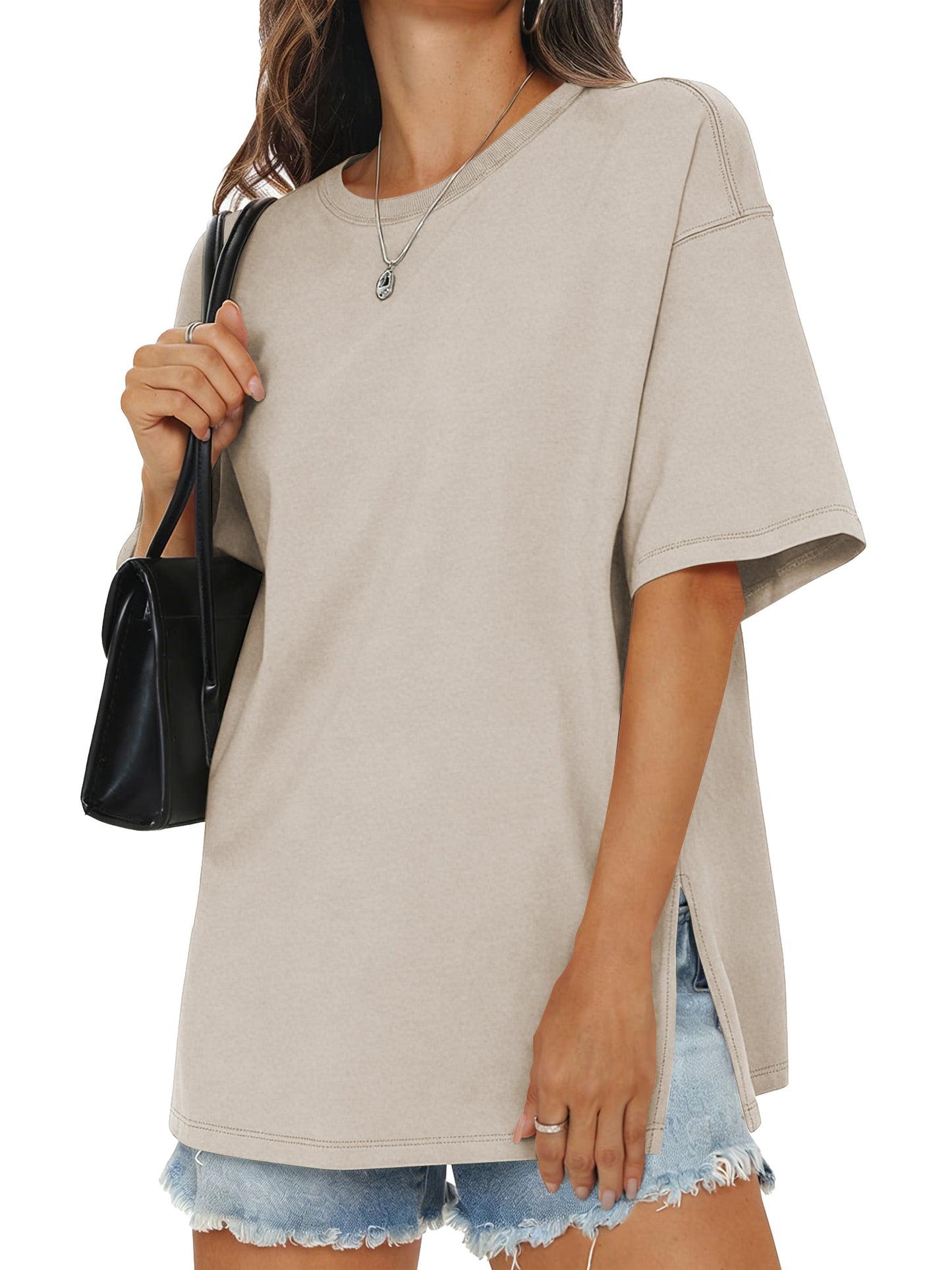 SWQZVT Womens Oversized T Shirts Cotton Loose Fit Crewneck Short Sleeve Side Slit Summer Casual Basic Tee