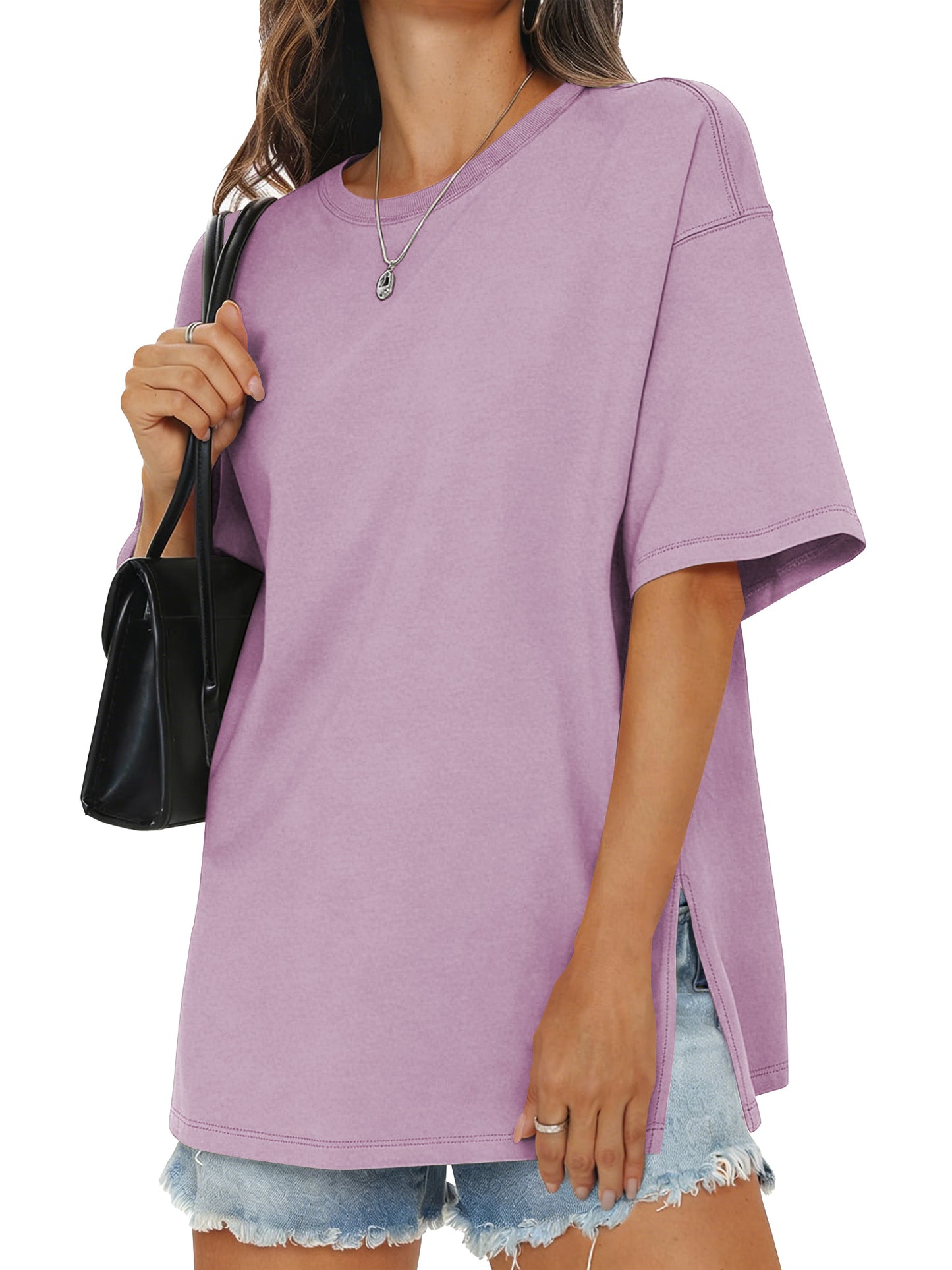 SWQZVT Womens Oversized T Shirts Cotton Loose Fit Crewneck Short Sleeve Side Slit Summer Casual Basic Tee