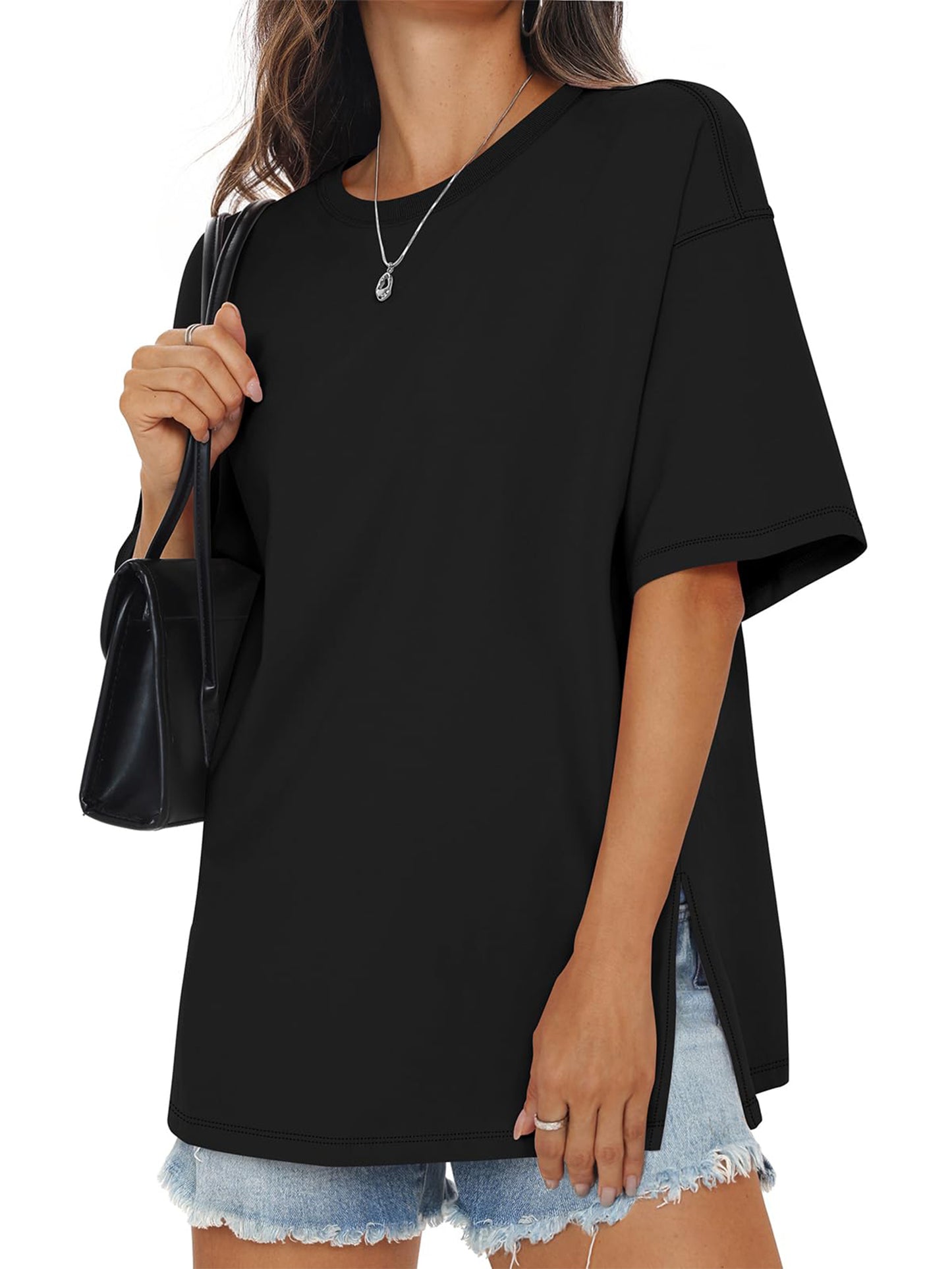 SWQZVT Womens Oversized T Shirts Cotton Loose Fit Crewneck Short Sleeve Side Slit Summer Casual Basic Tee