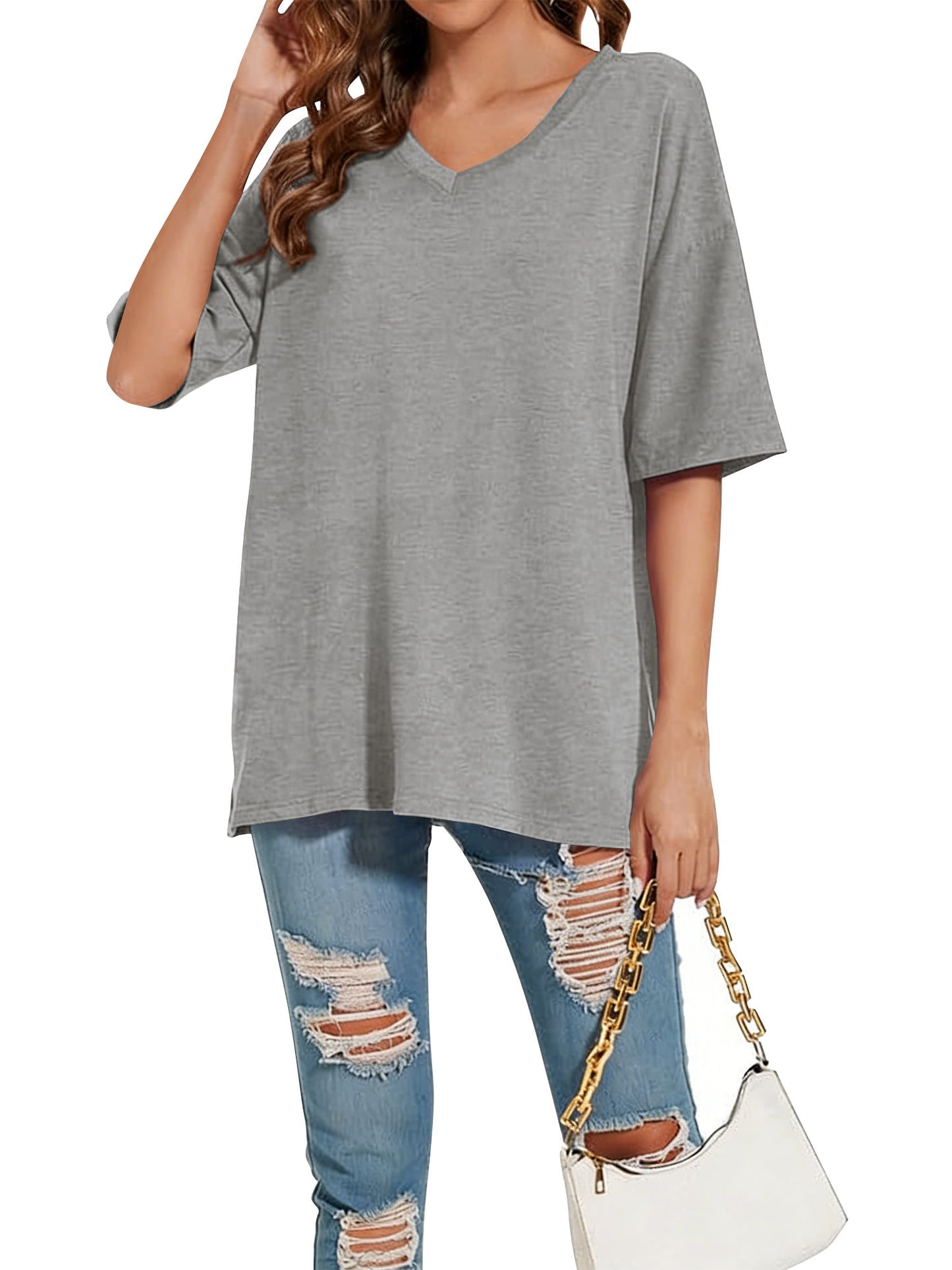 SWQZVT Women's Oversized V Neck T Shirt Short Sleeve Loose Fit Casual Workout Summer Basic Tee Top