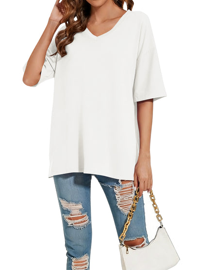 SWQZVT Women's Oversized V Neck T Shirt Short Sleeve Loose Fit Casual Workout Summer Basic Tee Top