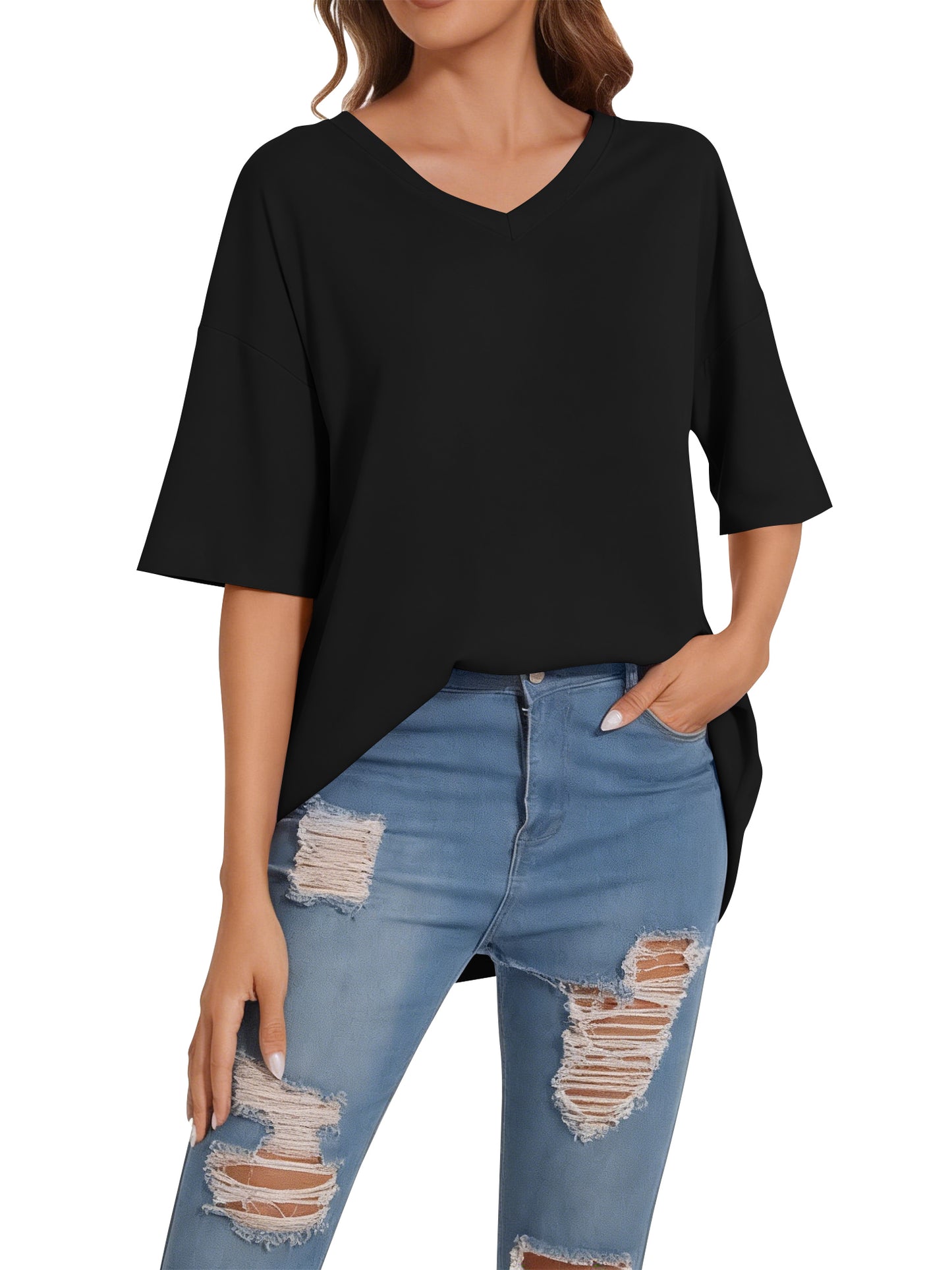 SWQZVT Women's Oversized V Neck T Shirt Short Sleeve Loose Fit Casual Workout Summer Basic Tee Top