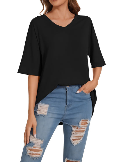 SWQZVT Women's Oversized V Neck T Shirt Short Sleeve Loose Fit Casual Workout Summer Basic Tee Top