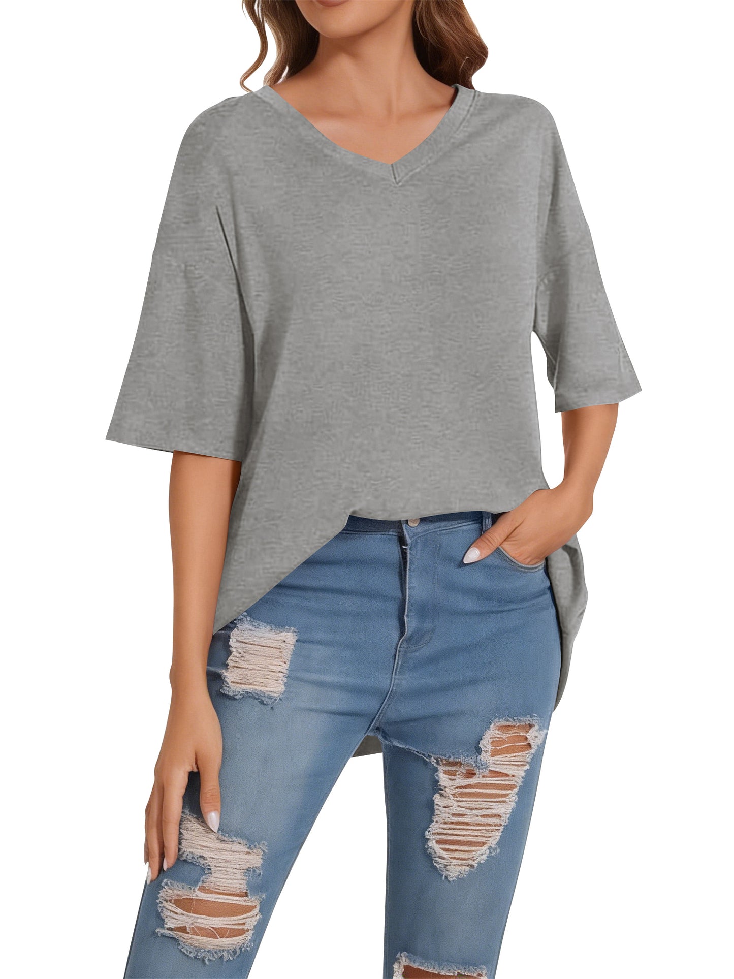 SWQZVT Women's Oversized V Neck T Shirt Short Sleeve Loose Fit Casual Workout Summer Basic Tee Top