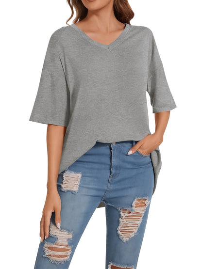 SWQZVT Women's Oversized V Neck T Shirt Short Sleeve Loose Fit Casual Workout Summer Basic Tee Top