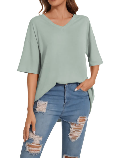 SWQZVT Women's Oversized V Neck T Shirt Short Sleeve Loose Fit Casual Workout Summer Basic Tee Top