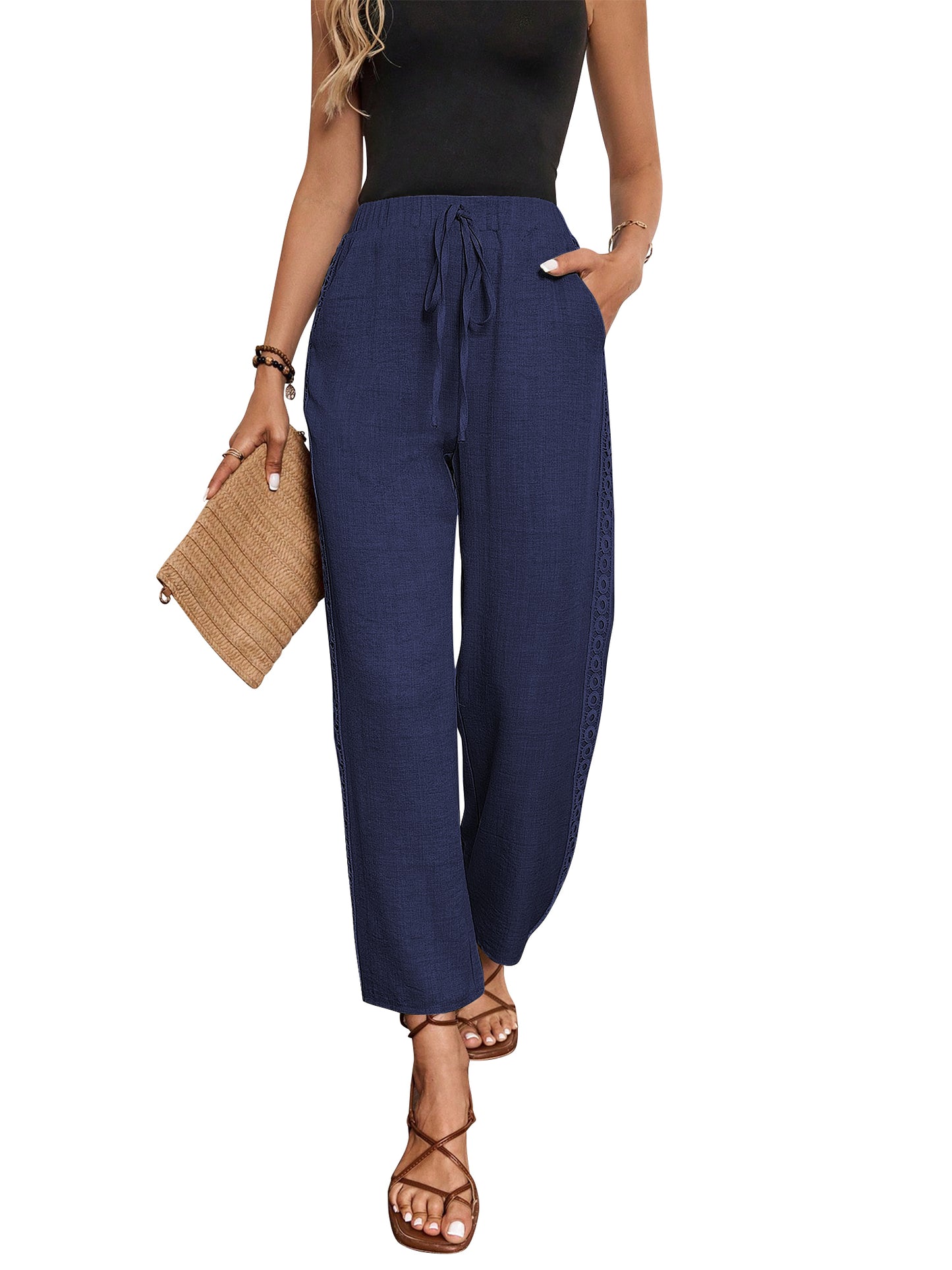 TEMOFON Women's Wide Leg Linen Pants High Waisted Drawstring Lounge Pants with Pockets Casual Summer Beach Vacation Palazzo Trousers
