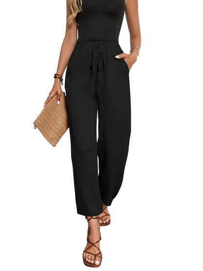 TEMOFON Women's Wide Leg Linen Pants High Waisted Drawstring Lounge Pants with Pockets Casual Summer Beach Vacation Palazzo Trousers