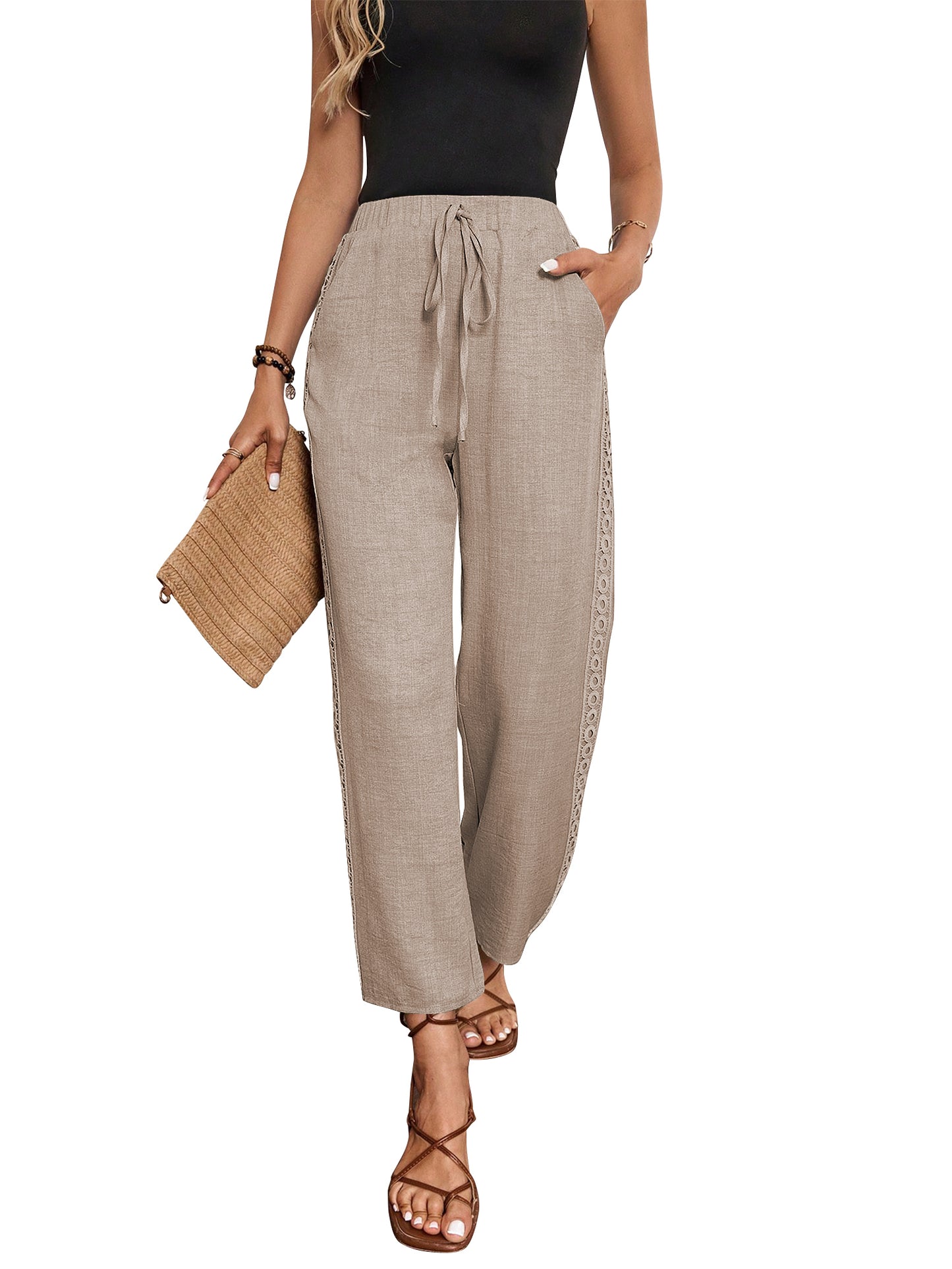 TEMOFON Women's Wide Leg Linen Pants High Waisted Drawstring Lounge Pants with Pockets Casual Summer Beach Vacation Palazzo Trousers