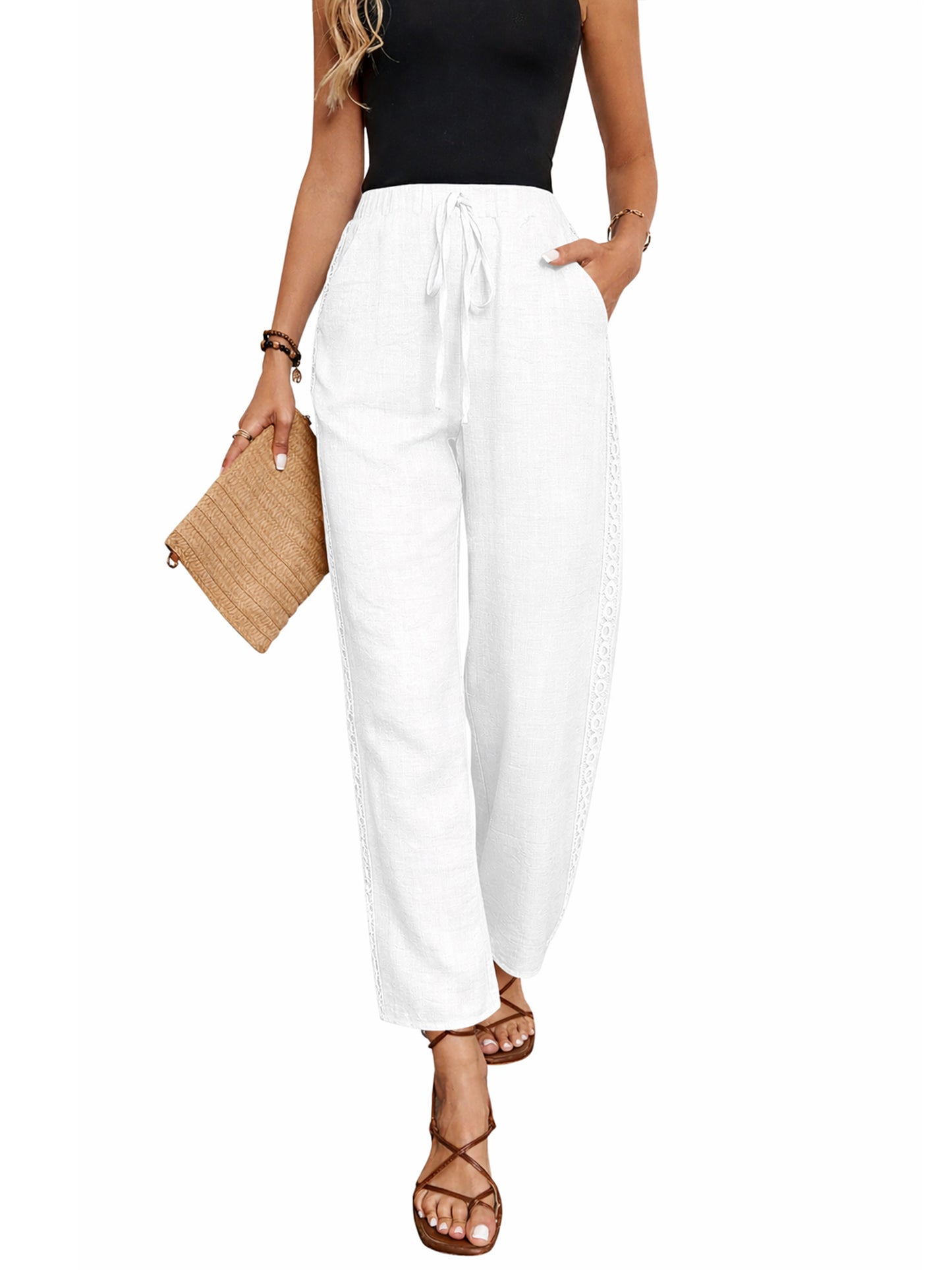 TEMOFON Women's Wide Leg Linen Pants High Waisted Drawstring Lounge Pants with Pockets Casual Summer Beach Vacation Palazzo Trousers