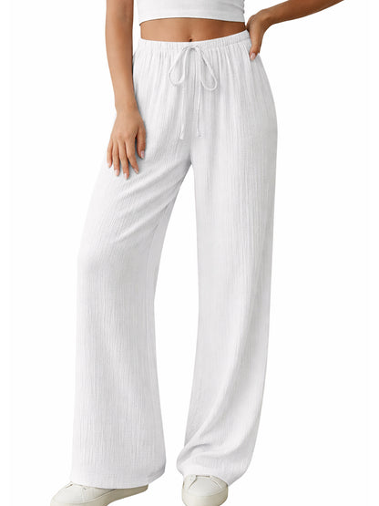 SWQZVT Women's Summer Palazzo Pants High Waisted Wide Leg Drawstring Flowy Beach Lounge Pants with Pockets