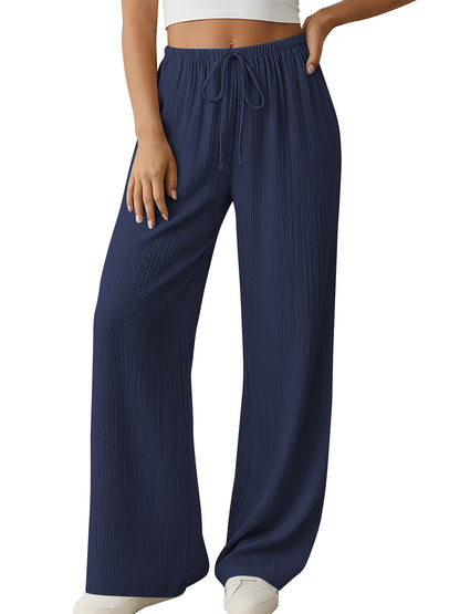 SWQZVT Women's Summer Palazzo Pants High Waisted Wide Leg Drawstring Flowy Beach Lounge Pants with Pockets