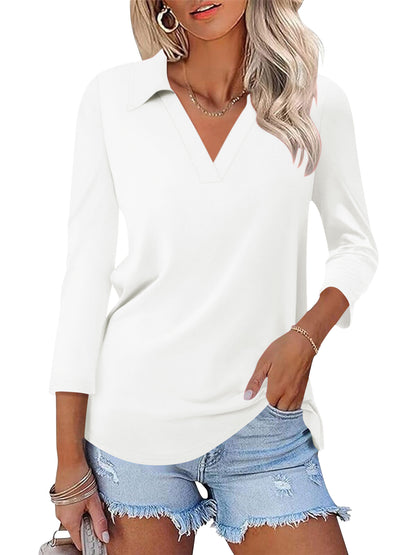 SWQZVT Women's V Neck Polo Shirt 3/4 Sleeve Collared Casual Business Top Loose Fit Summer Blouse