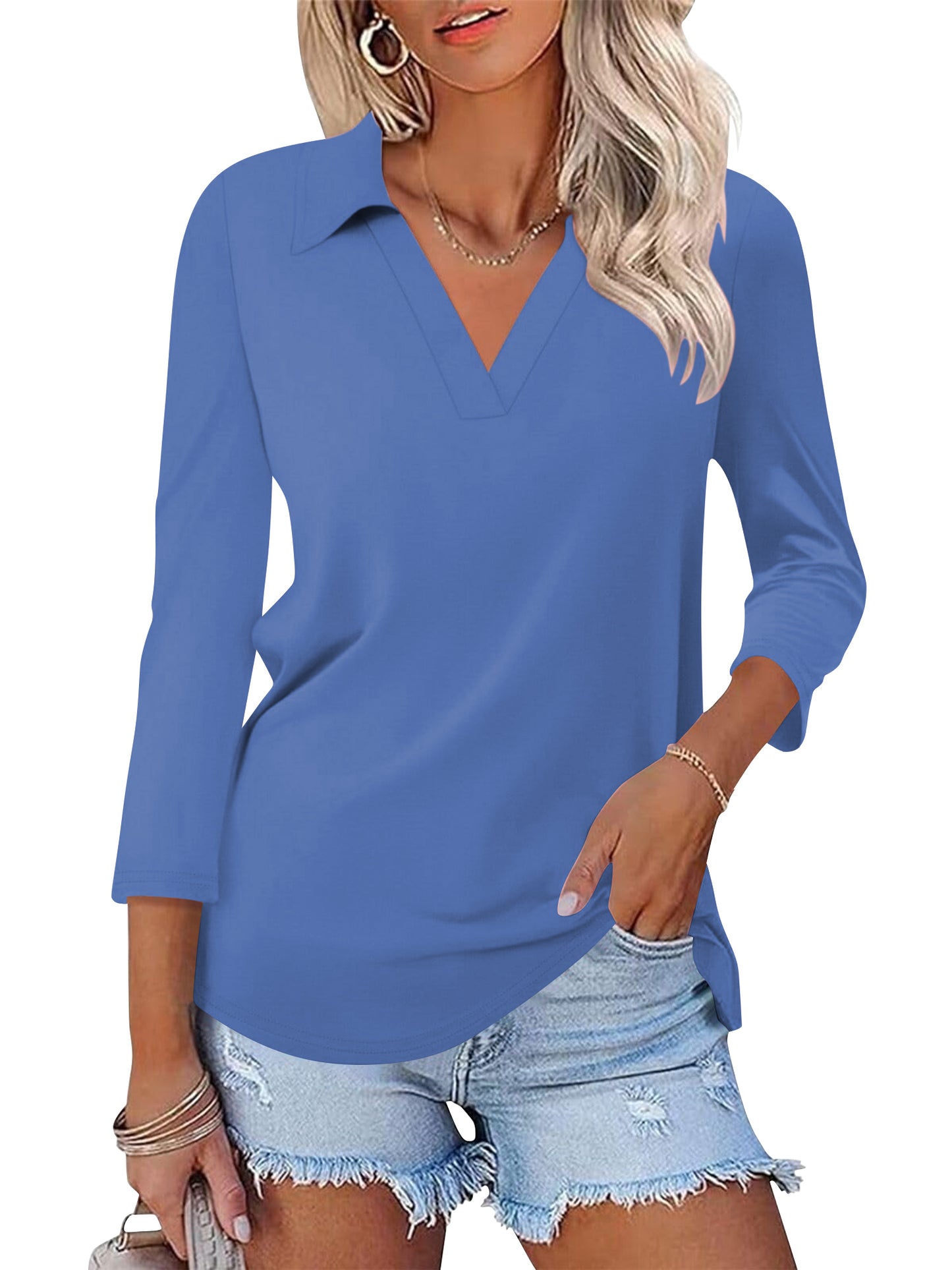 SWQZVT Women's V Neck Polo Shirt 3/4 Sleeve Collared Casual Business Top Loose Fit Summer Blouse
