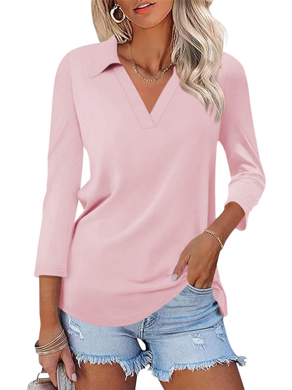 SWQZVT Women's V Neck Polo Shirt 3/4 Sleeve Collared Casual Business Top Loose Fit Summer Blouse